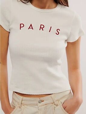 Daydreamer White Ribbed 'PARIS' Short Sleeve Tee with Red Lettering